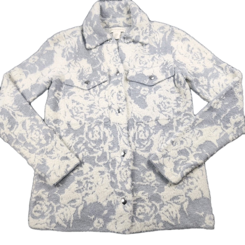 Cynthia Rowley XS Shacket Gray Shirt Floral Soft Fuzzy Cozy Luxe Layering Jacket